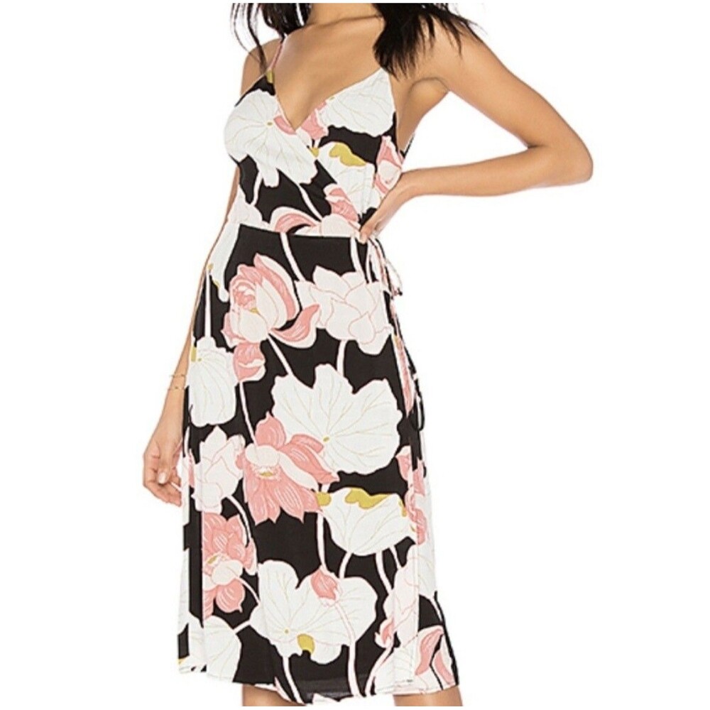 Cupcakes & Cashmere Floral Midi Wrap Dress Size Small Black Pink Party Wedding